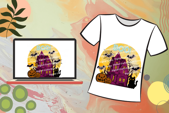 Stylish Halloween illustration with a scary house on the white t-shirt.