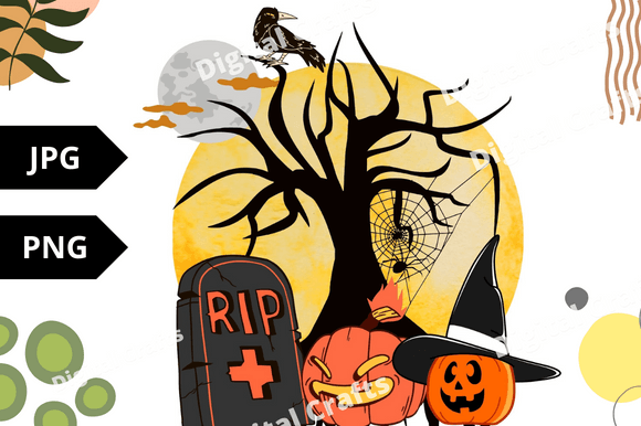 Halloween pumpkin. RIP, scary birds are created a full Halloween composition.