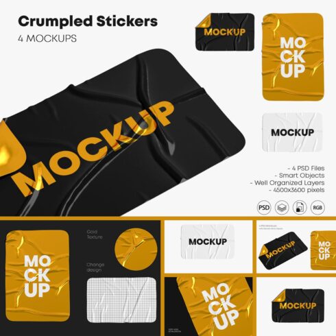 Collection of images of gorgeous crumpled sticker mockups.