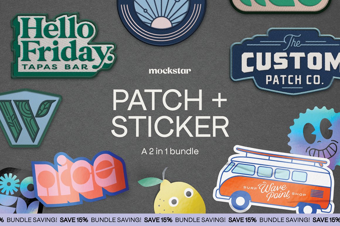 Collection of images of colorful patch + sticker mockup.