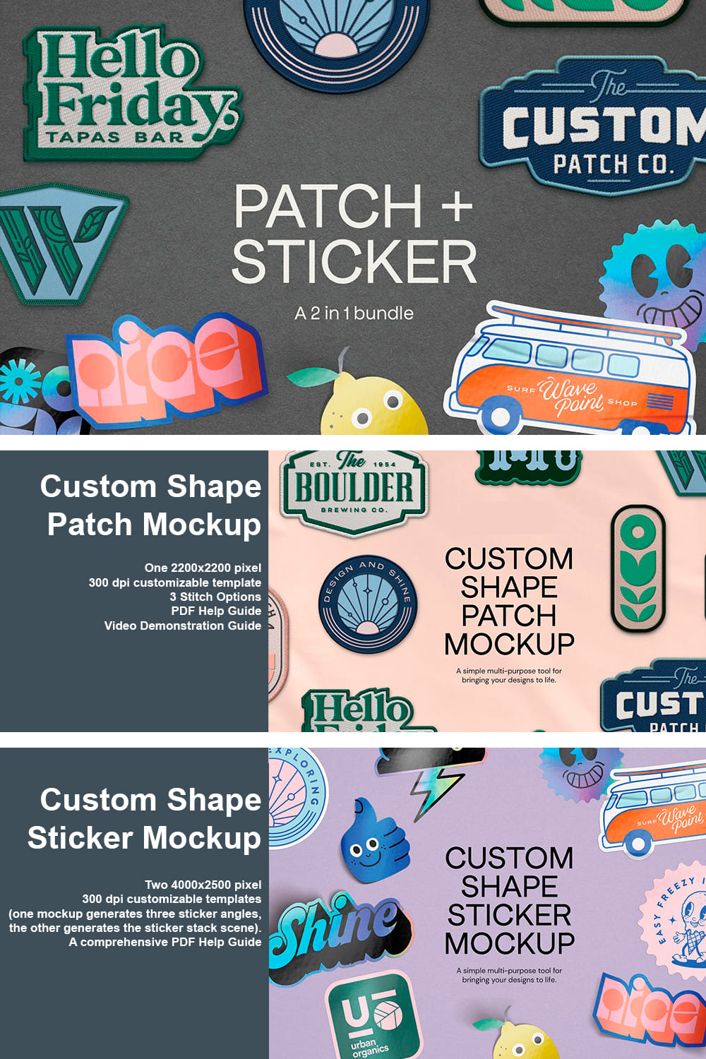 An image pack of gorgeous patch + sticker mockup.
