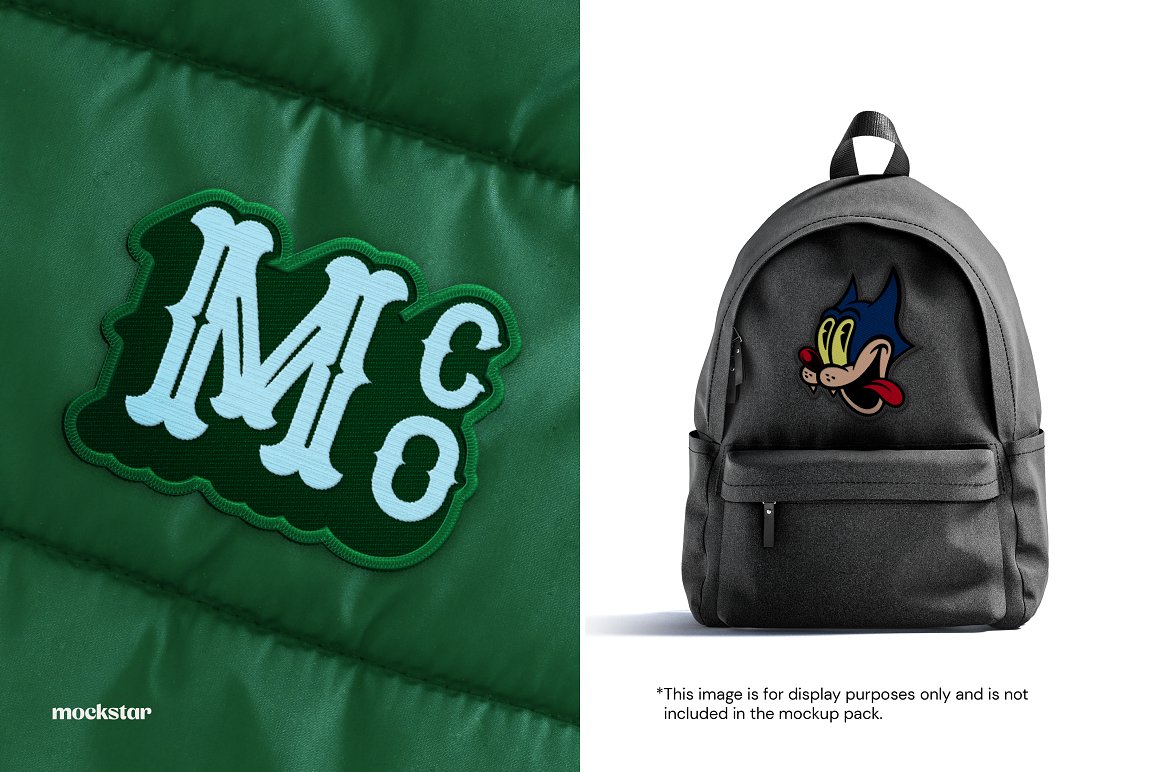 Images of a backpack with a patch in the shape of a cat and a jacket with a colorful patch.
