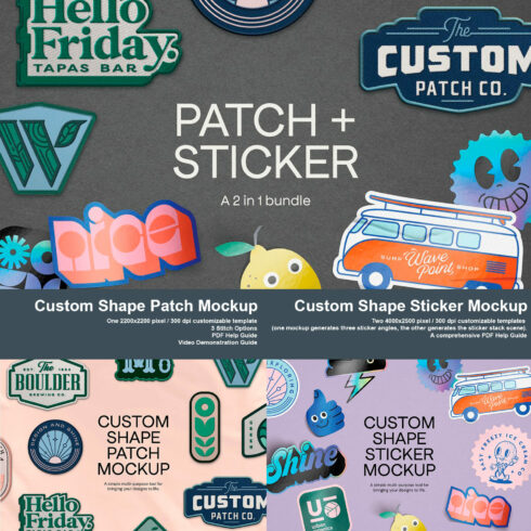 Set of images of adorable patch + sticker mockups.