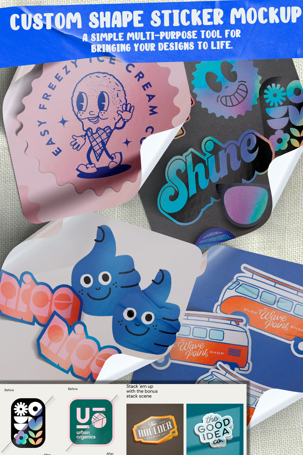 Set of colorful custom-shaped stickers.