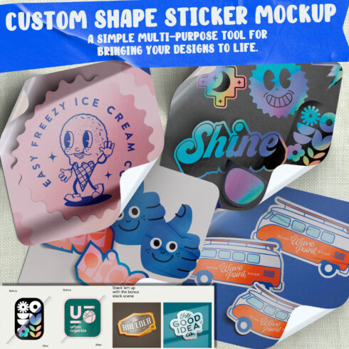 Collection of bright stickers of non-standard shape.
