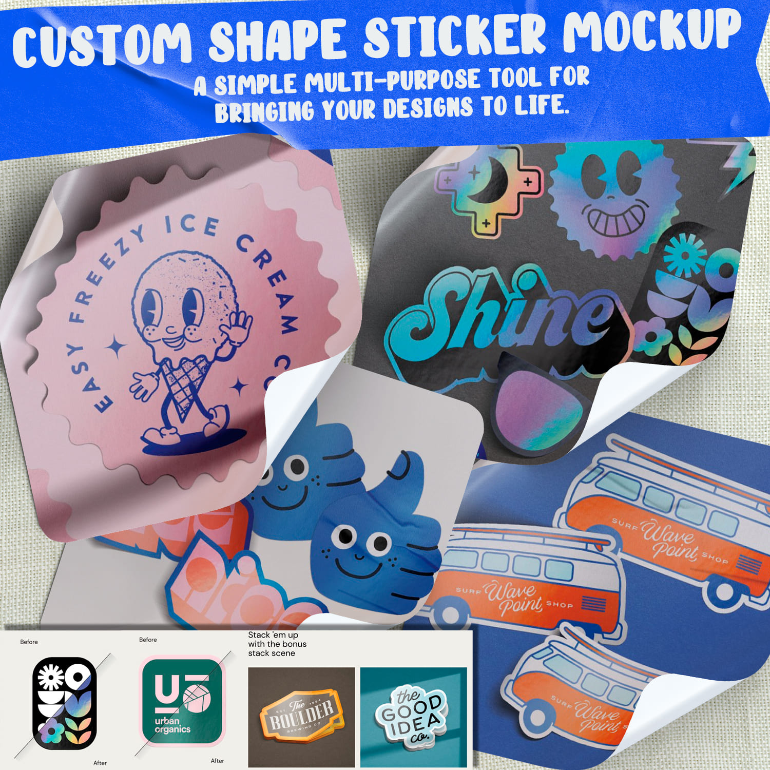 Collection of bright stickers of non-standard shape.