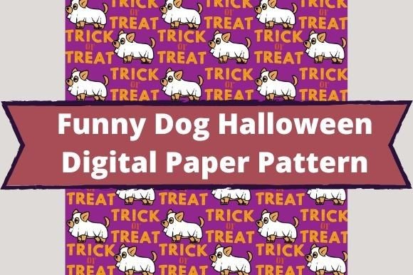 The white lettering "Funny Dog Halloween Digital Paper Pattern" on a dark pink background and images pigs with the letterings "Trick" and "Treat" on a purple background.