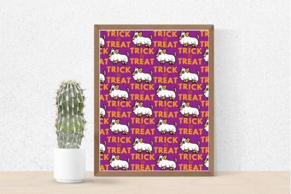Picture with pigs and the letterings "Trick" and "Treat" on a purple background in brown frame, and cactus in pot.