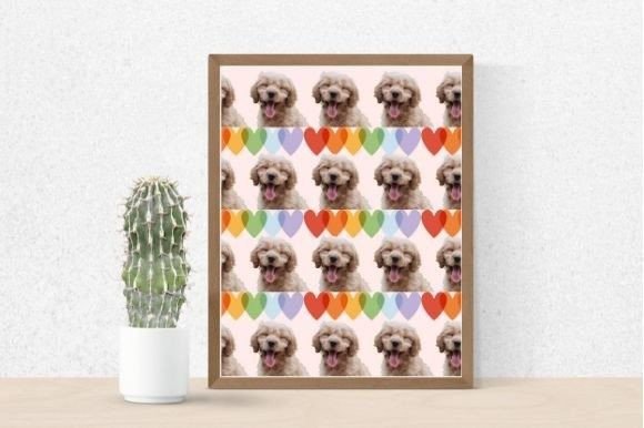 Images dogs with colorful hearts in brown frame, and cactus in pot.