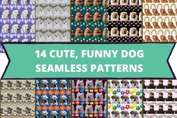 The white lettering "14 Cute, Funny Dog Seamless Patterns" on a turquoise background and 10 different images with cute, funny dogs.