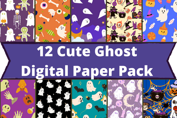 The white lettering "12 cute ghost digital paper pack" on a blue background and 10 different images with ghost.