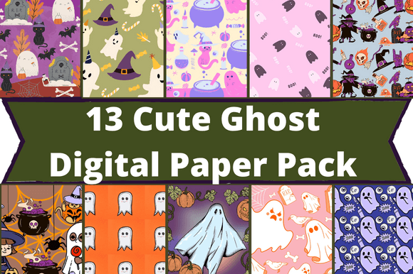 The white lettering "13 cute ghost digital paper pack" on a olive background and 10 different images with ghost.