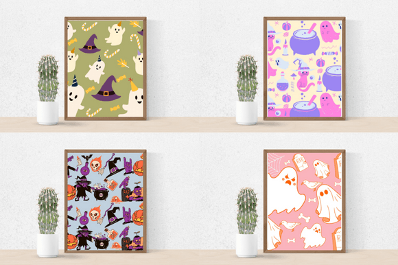 4 different pictures with ghost in brown frames, and cactus in pot.
