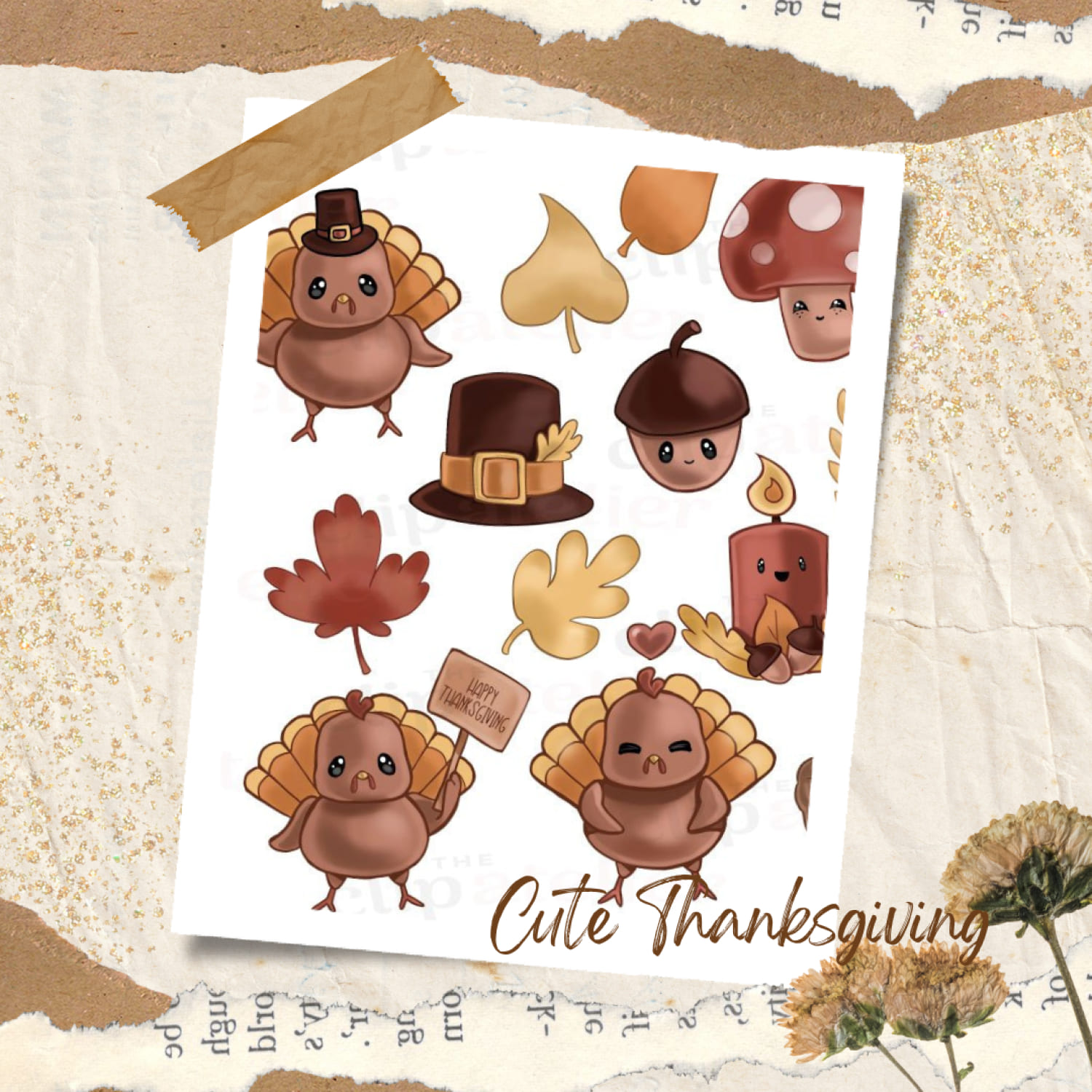 Set of high quality hand drawn Kawaii Thanksgiving clipart