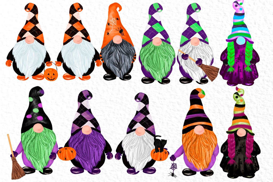 Diverse of multicolor gnomes for your autumn illustration.