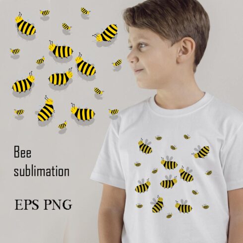 Young boy standing in front of a wall of bees.