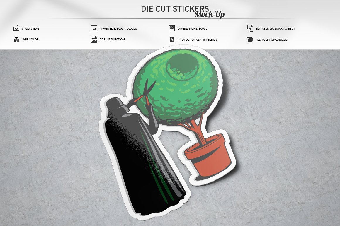 Images of colorful sticker with images of Darth Vader shearing a tree.
