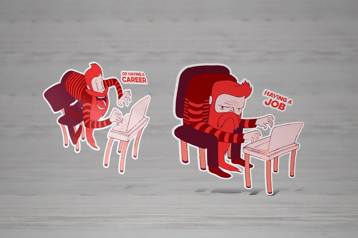 Images of a gorgeous sticker with images of a bearded man behind a laptop.
