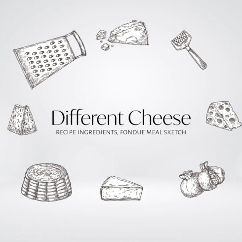Collection of colorful images of hard cheeses and fondue tools.