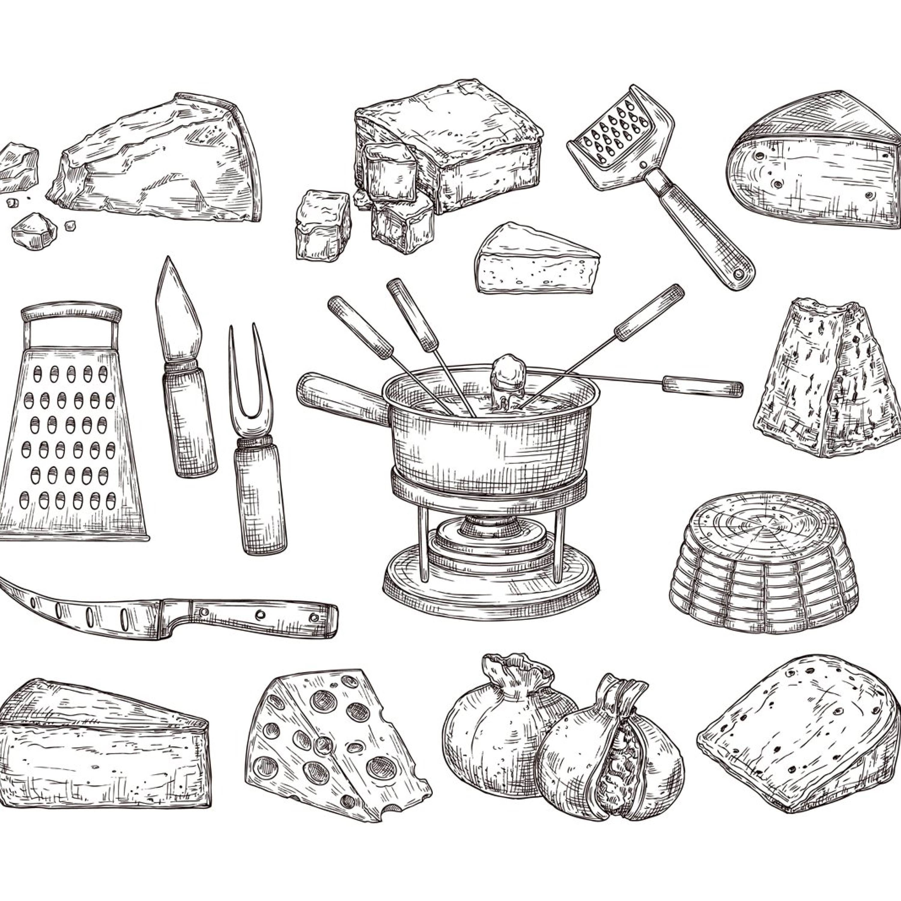 A set of fondue tools and various types of cheese.