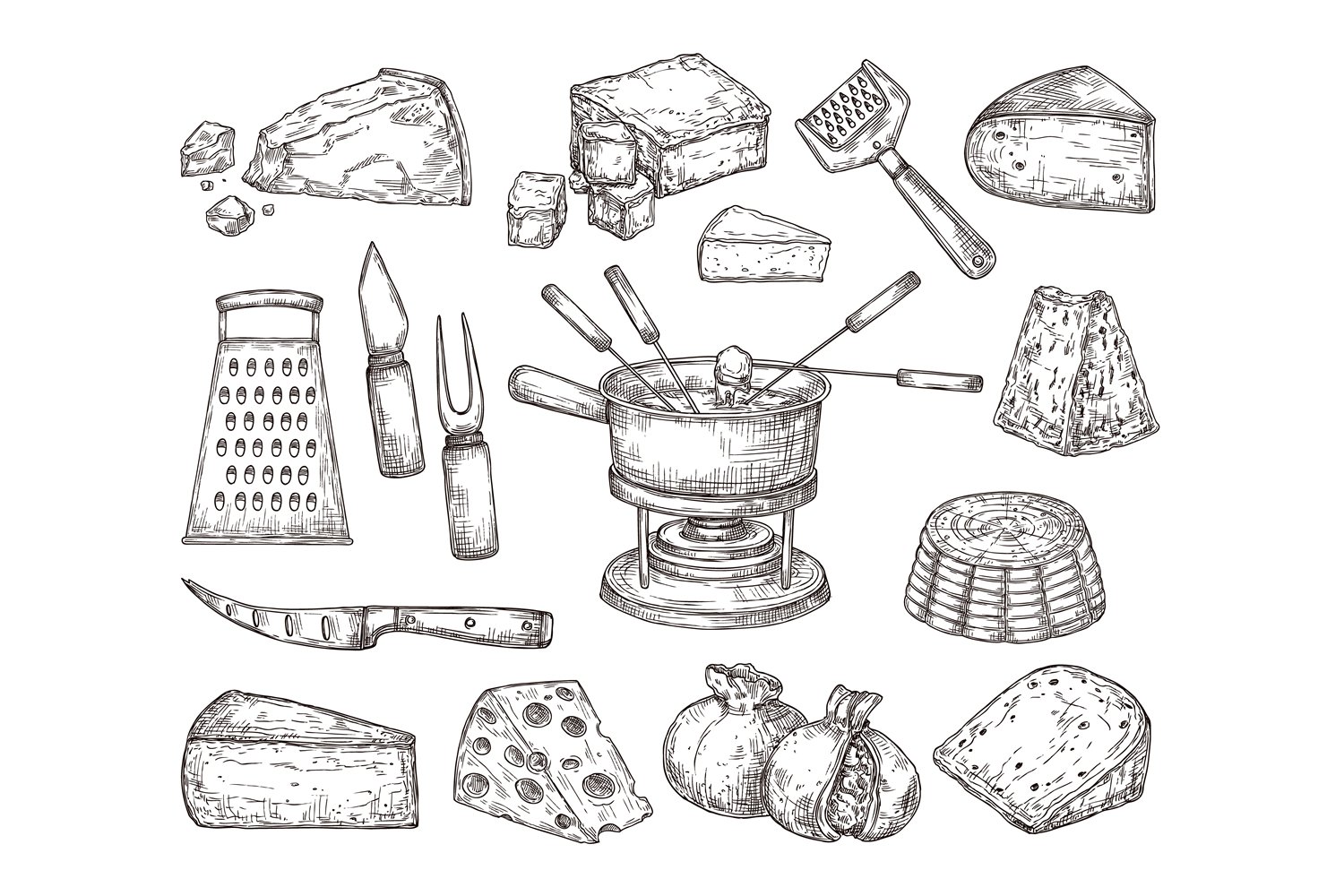 Gorgeous vector image of tools for fondue and different types of cheese.