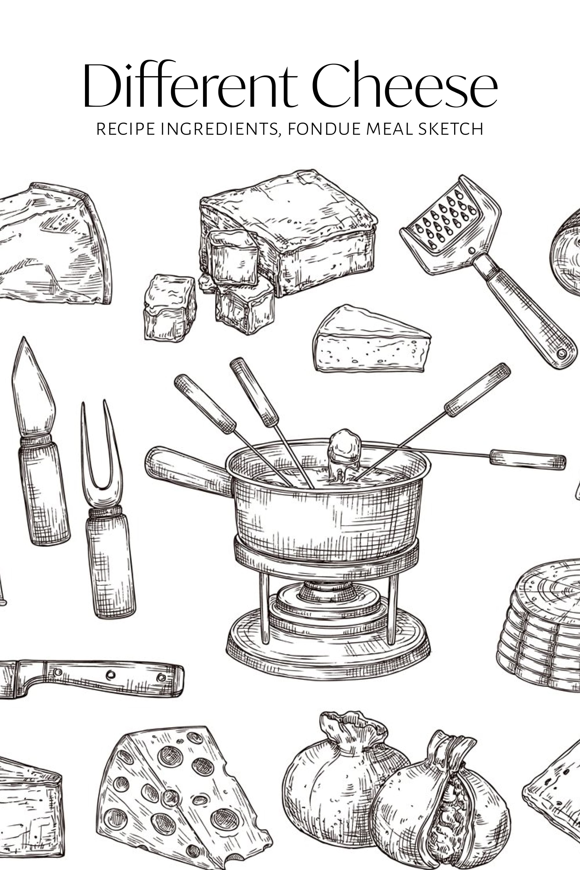 A pack of colorful images of fondue and hard cheese tools.