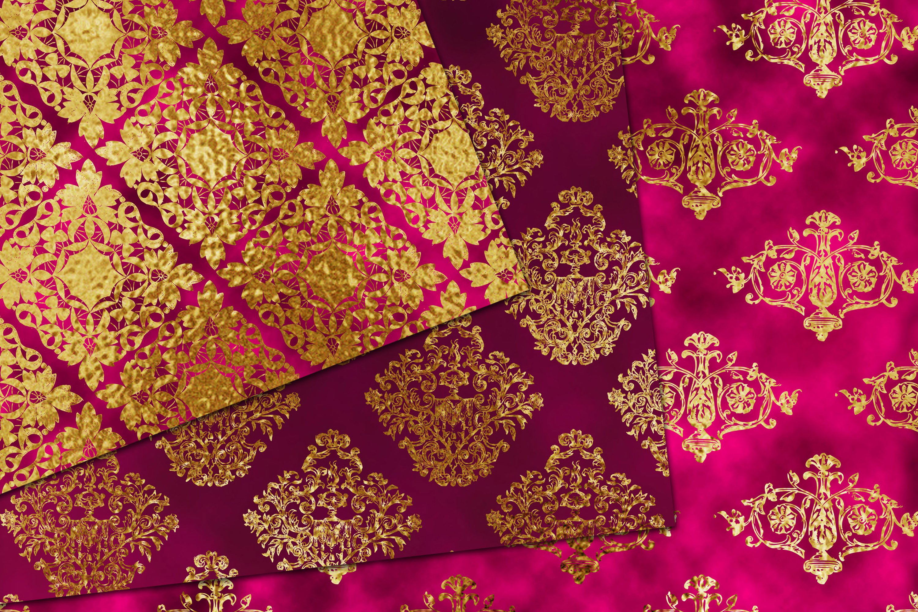 3 Gold & Pink Decorative Seamless Patterns.