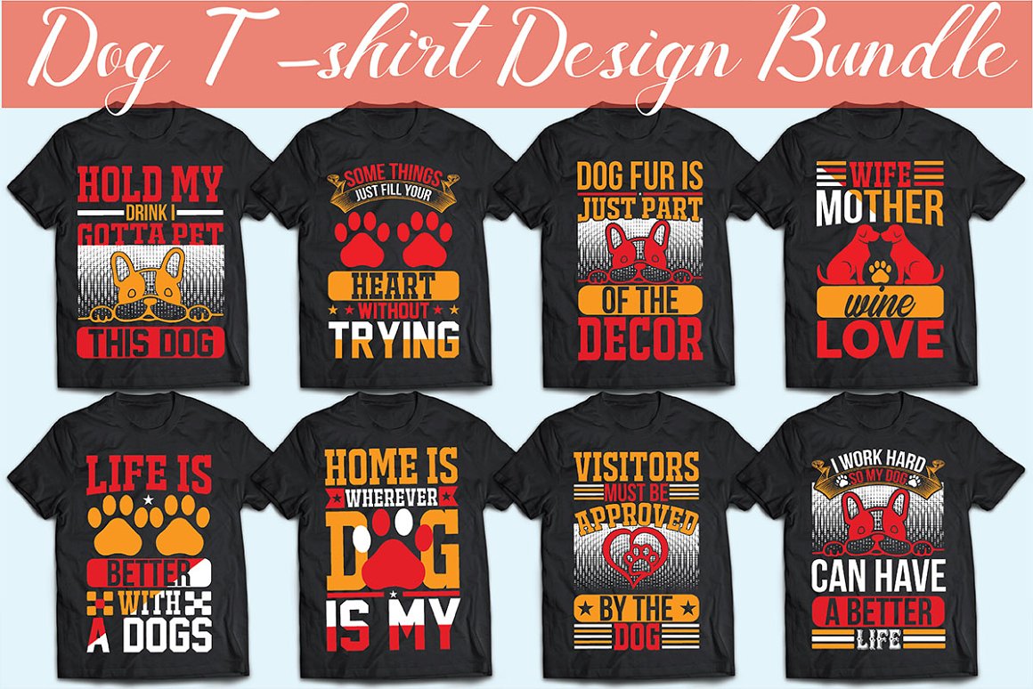 Collection of black t-shirts with a charming print about love for dogs.