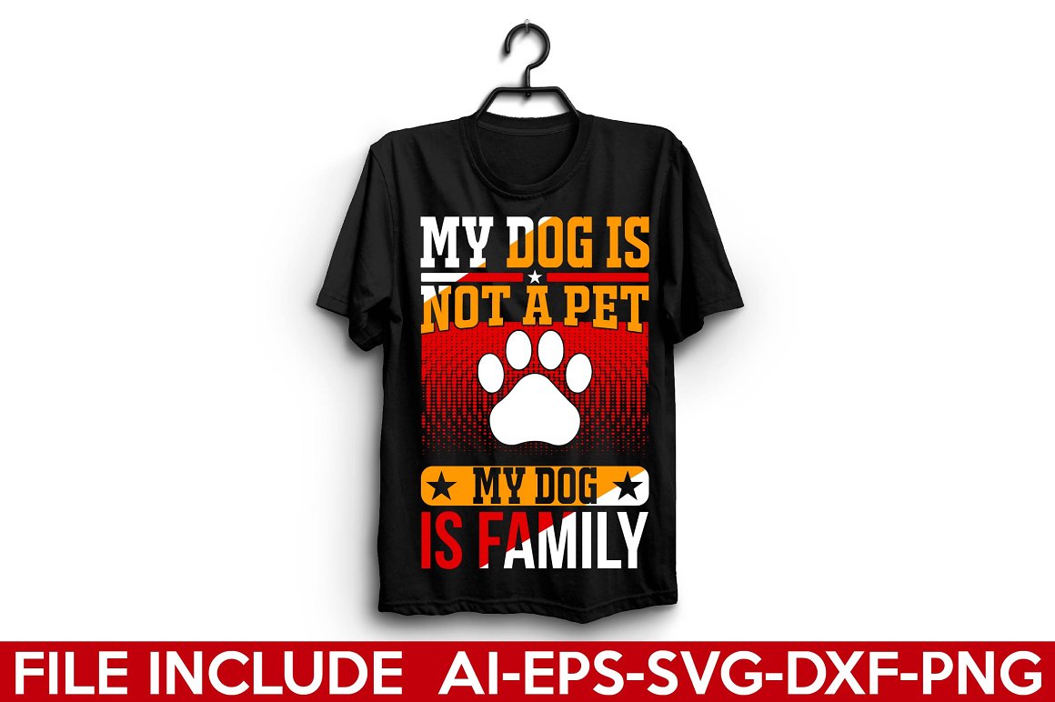 Black t-shirt with a colorful print about love for dogs.