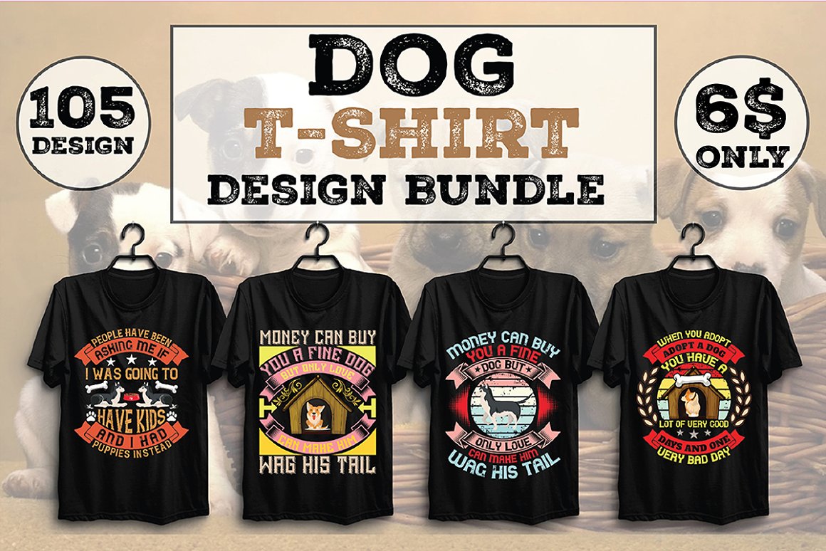 Set of black t-shirts with cartoon dog print.