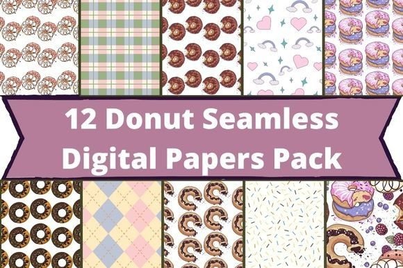 The white lettering "12 Donut Seamless Digital Papers Pack" on a purple background and 10 different donut images.