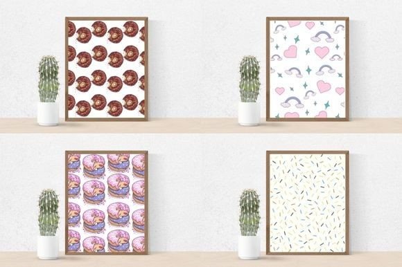 4 different donut images in brown frames and cactus in a pot.