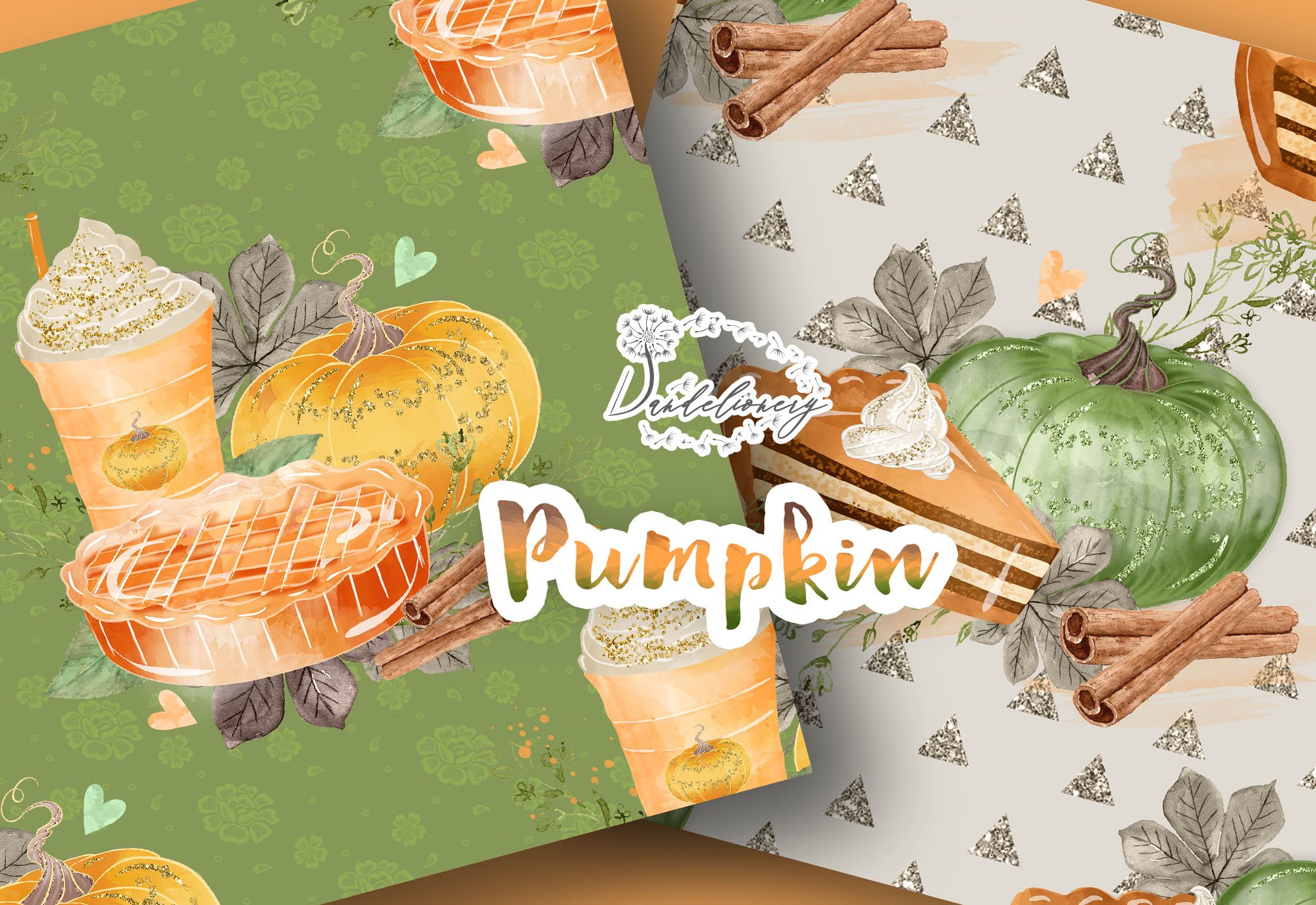 Green and white patterns with delicate autumn illustration.