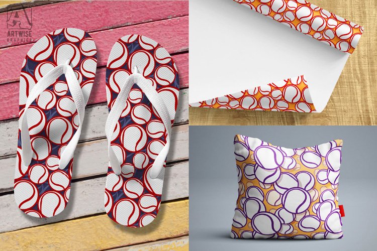 Tennis ball prints on shoes and pillows.