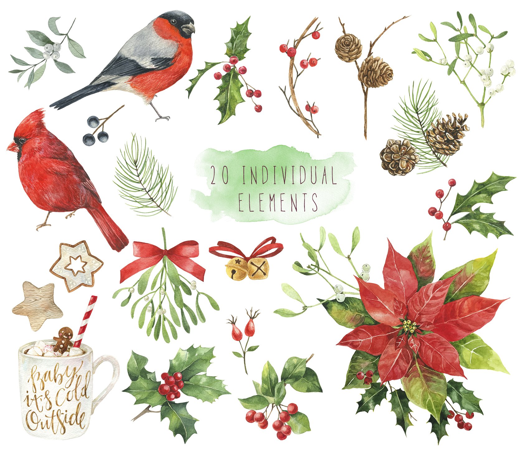 Colorful high quality red and green Christmas illustrations.