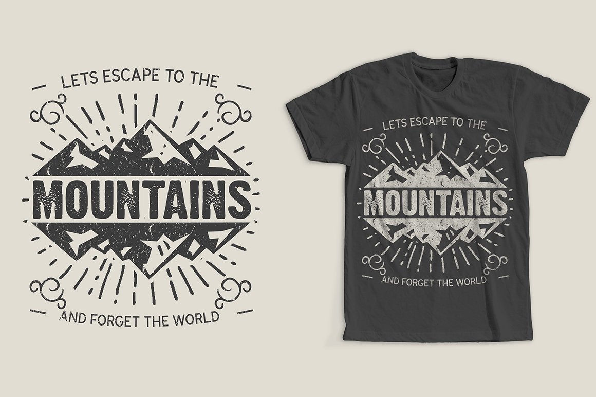 Dark grey t-shirt with the grey lettering "Let's escape to the mountains and forget the world" and the same dark grey lettering on a grey background.