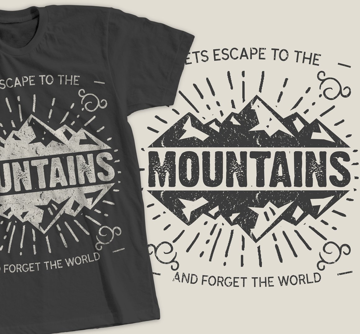 Dark grey t-shirt with the grey lettering "Let's escape to the mountains and forget the world" and the same dark grey lettering on a grey background Cover.