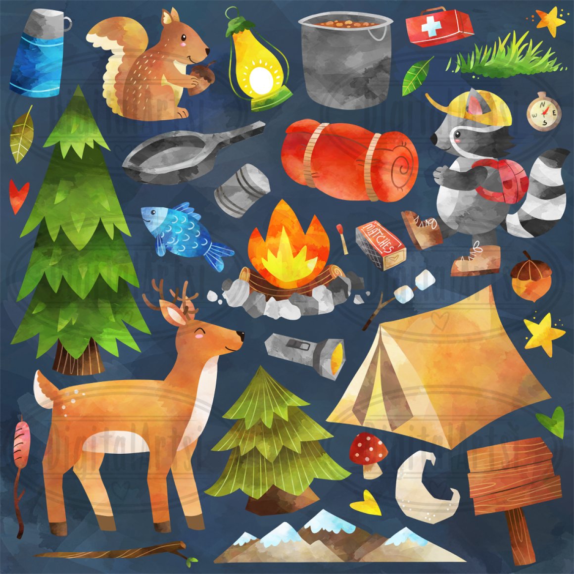 Dark background with Christmas watercolor camping elements.