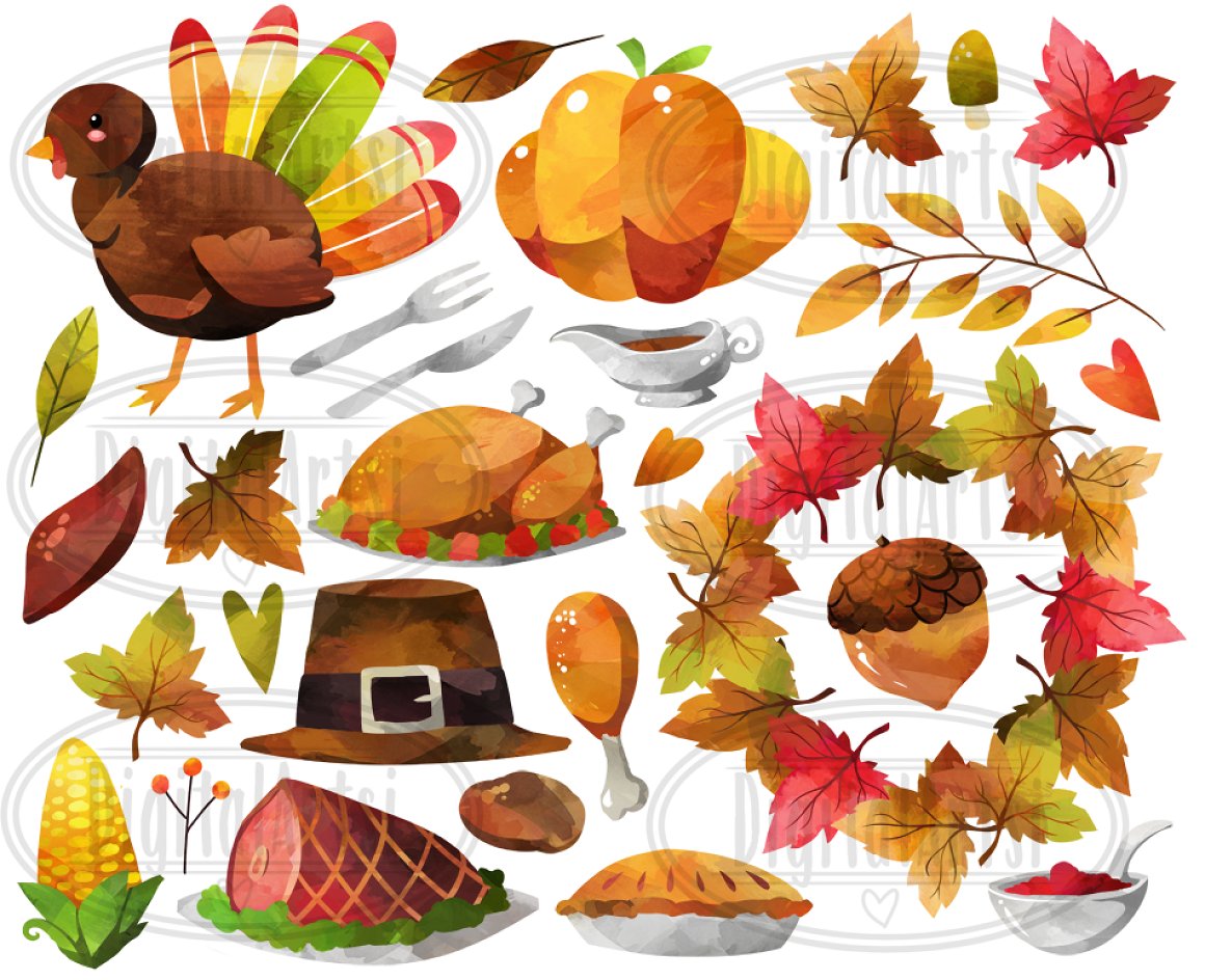 Watercolor illustration for Thanksgiving time in the autumn colors.