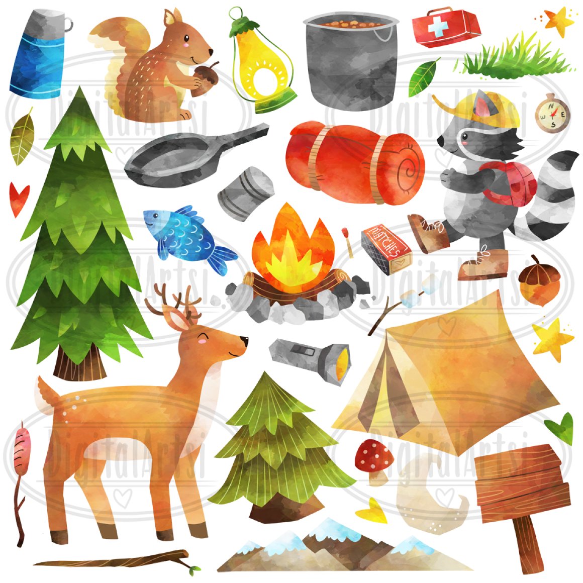 Light background with Christmas watercolor camping elements.