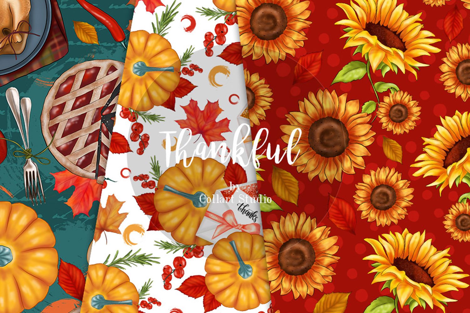 Bright textures in red and green with pumpkin pie and sunflowers.