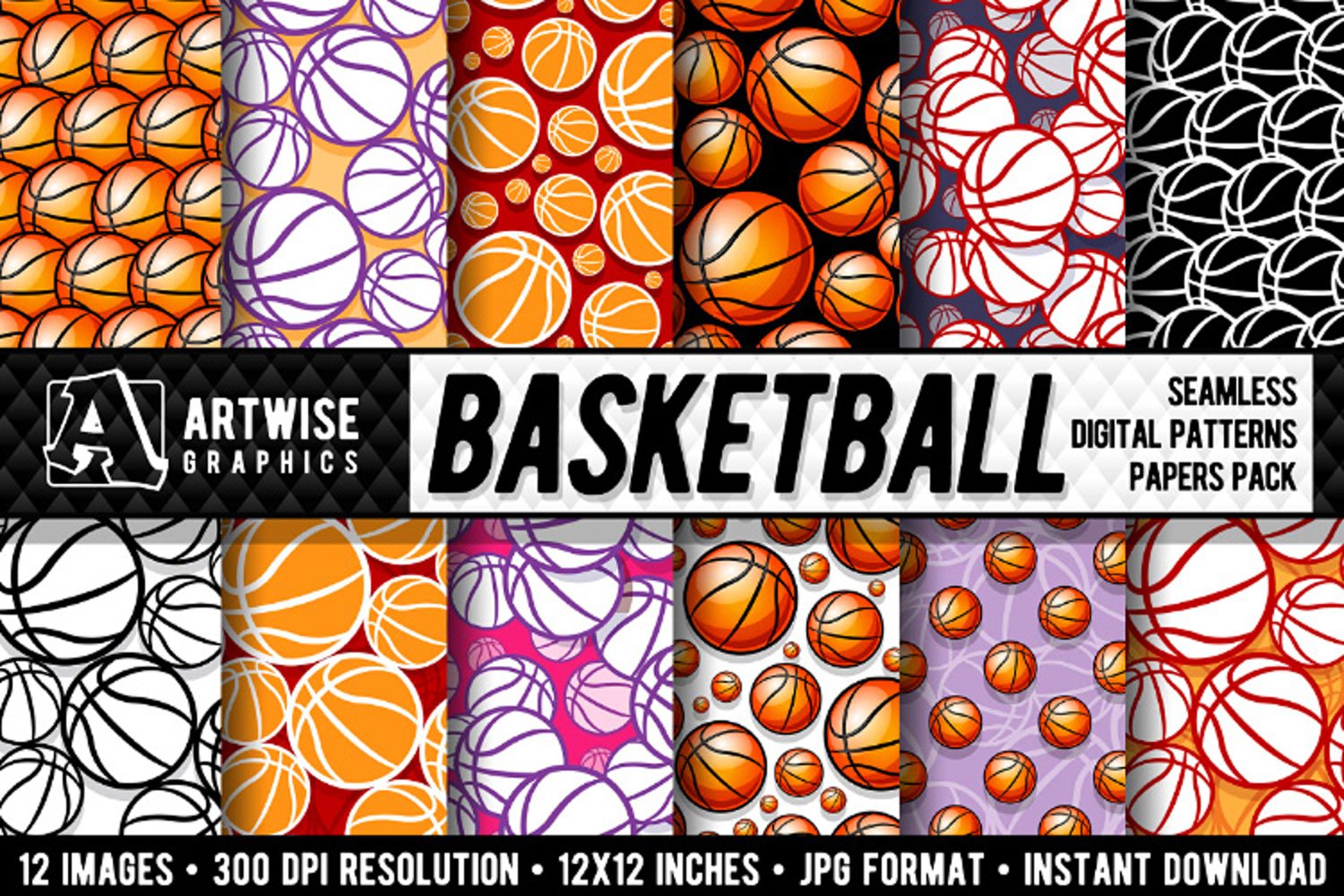 Cover image of Basketball Digital Paper Seamless Pattern Graphics.