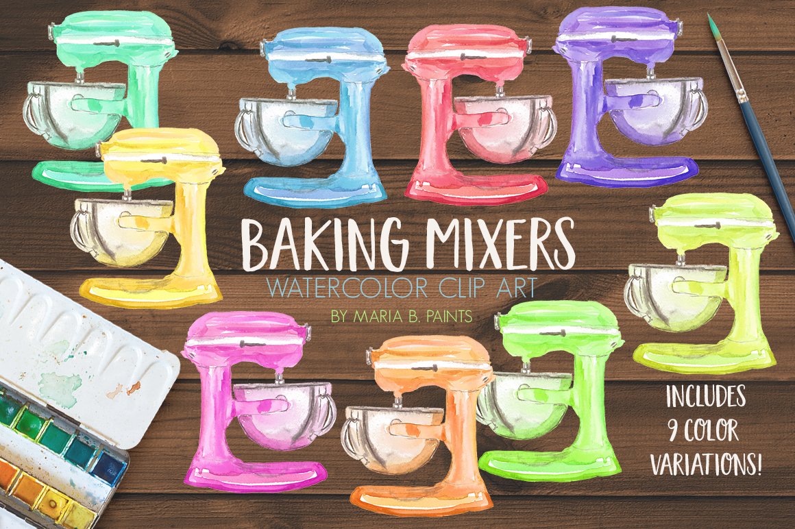 Wooden background with colorful baking mixer set.