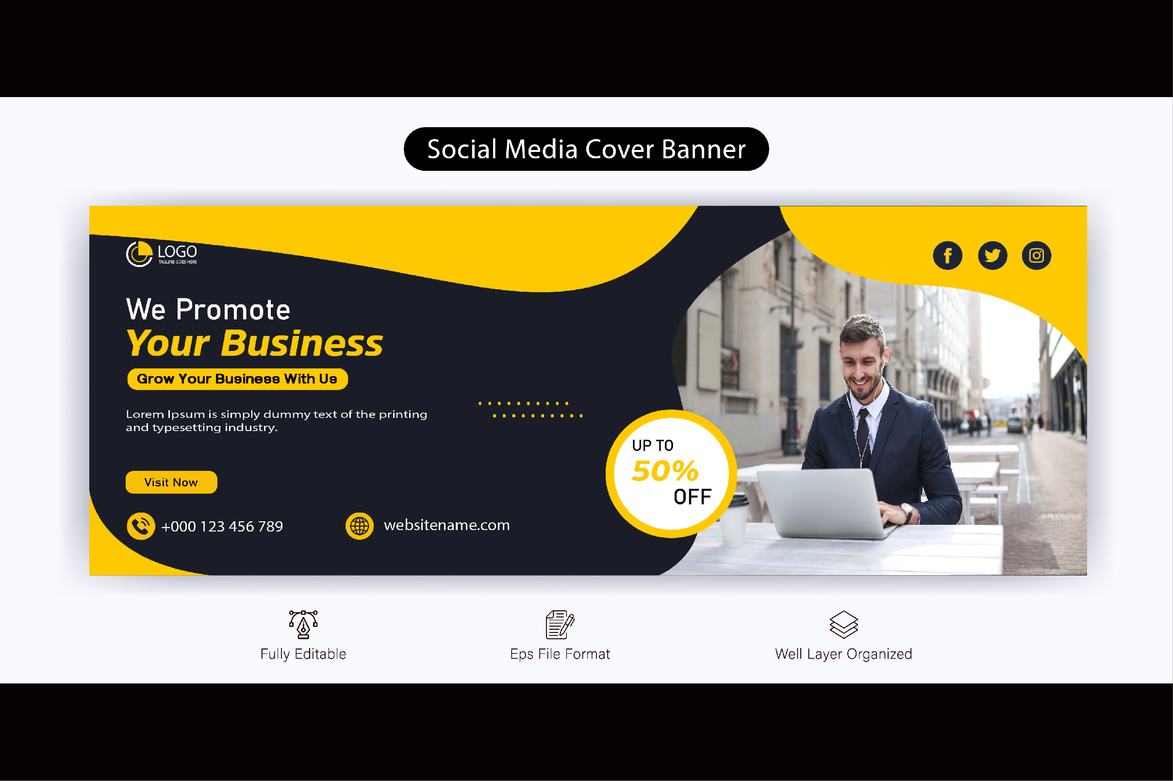Facebook Cover Banner Design Bundle 02, grey-yellow design.