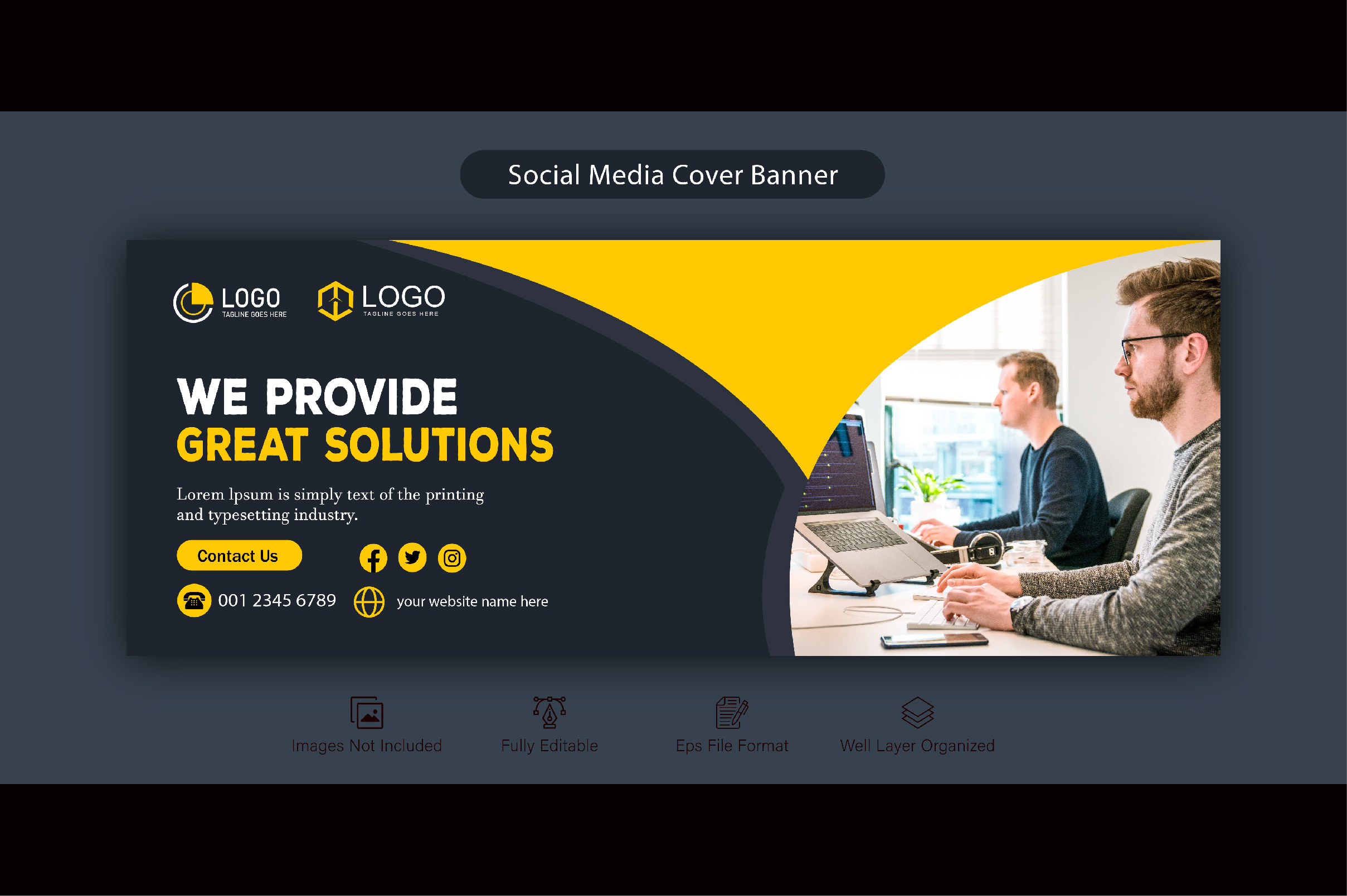 Facebook Cover Banner Design Bundle 01, grey-yellow design.