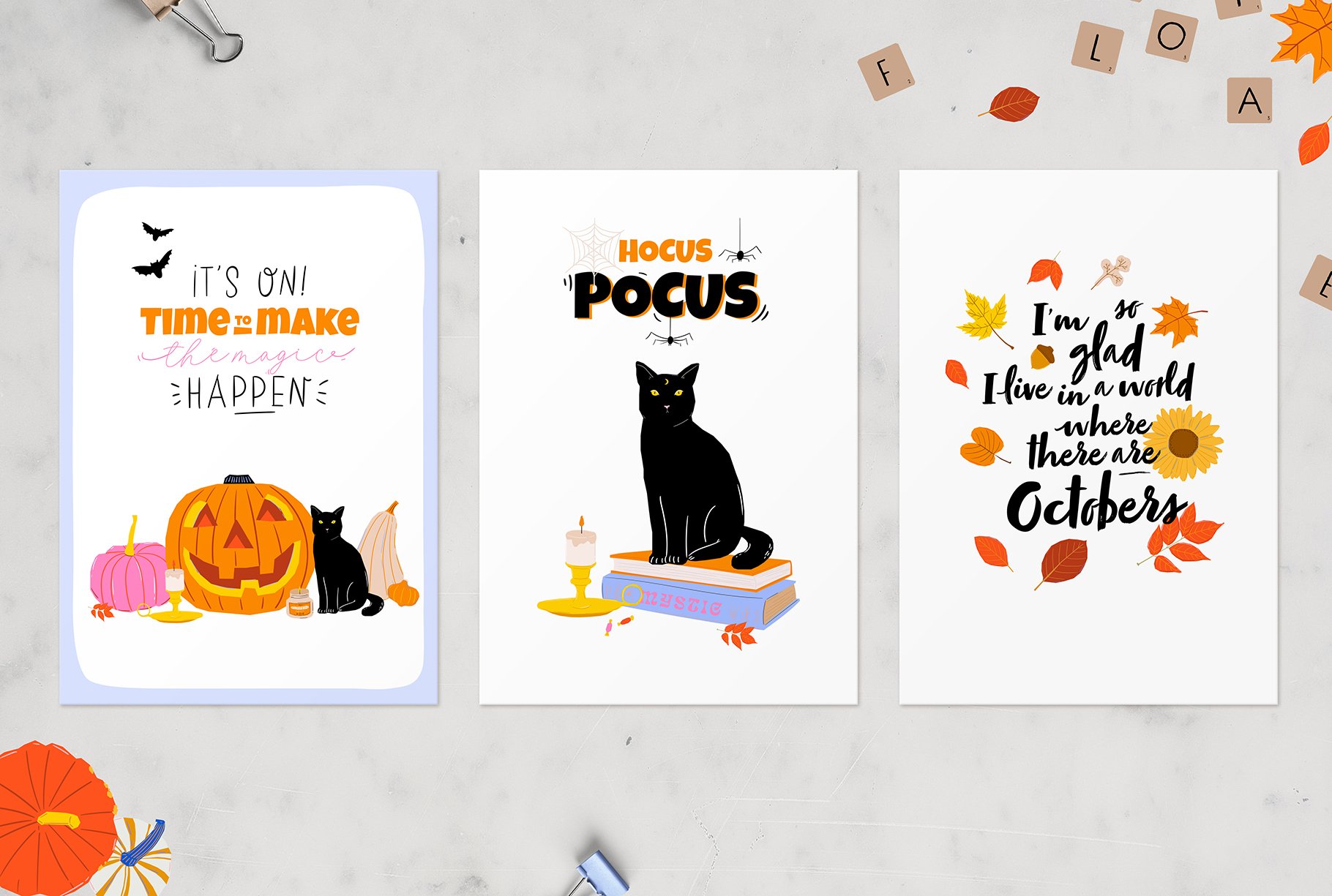 Halloween cards with minimalistic designs.
