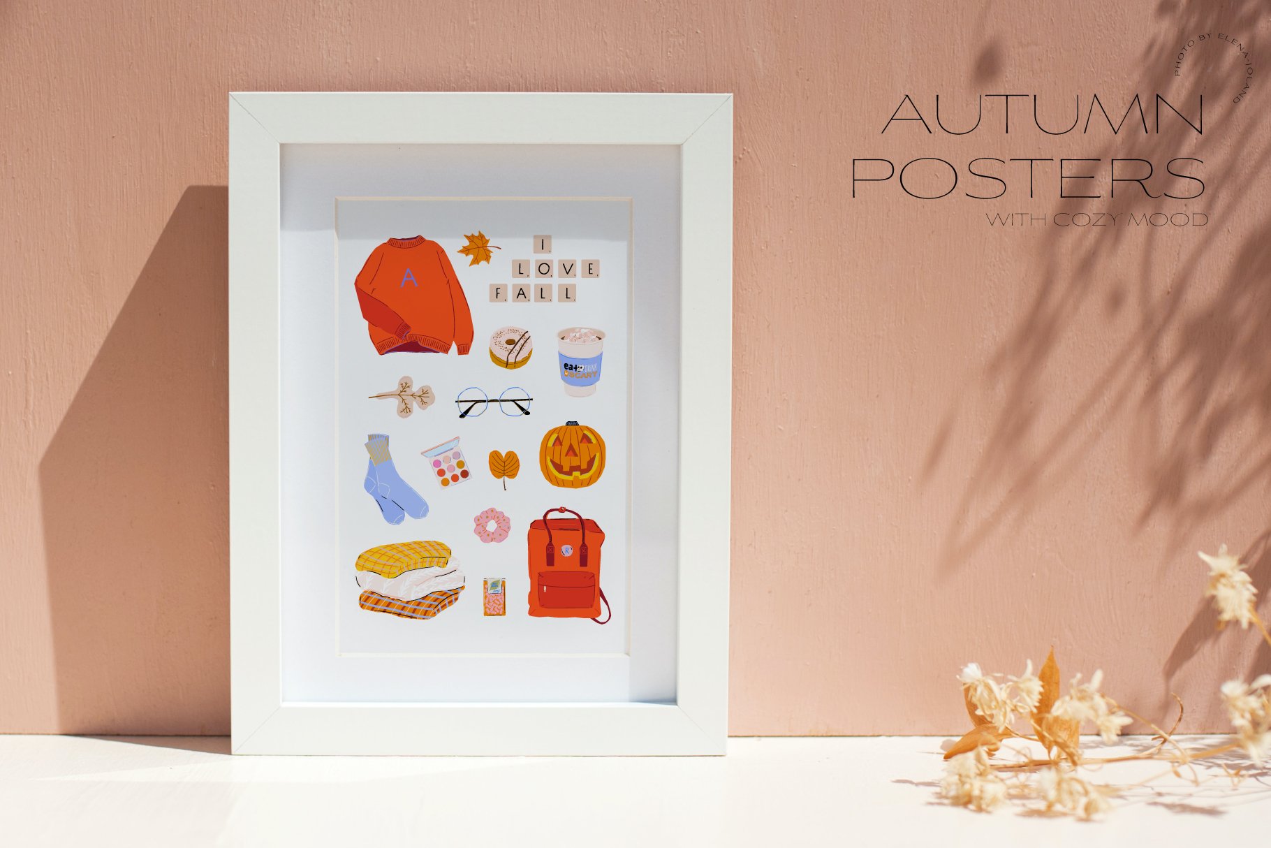 Minimalistic poster with autumn items.