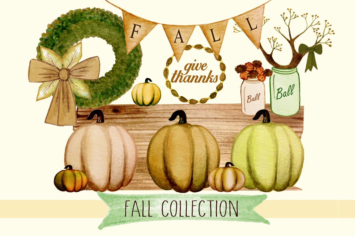 Green illustration with pumpkins.