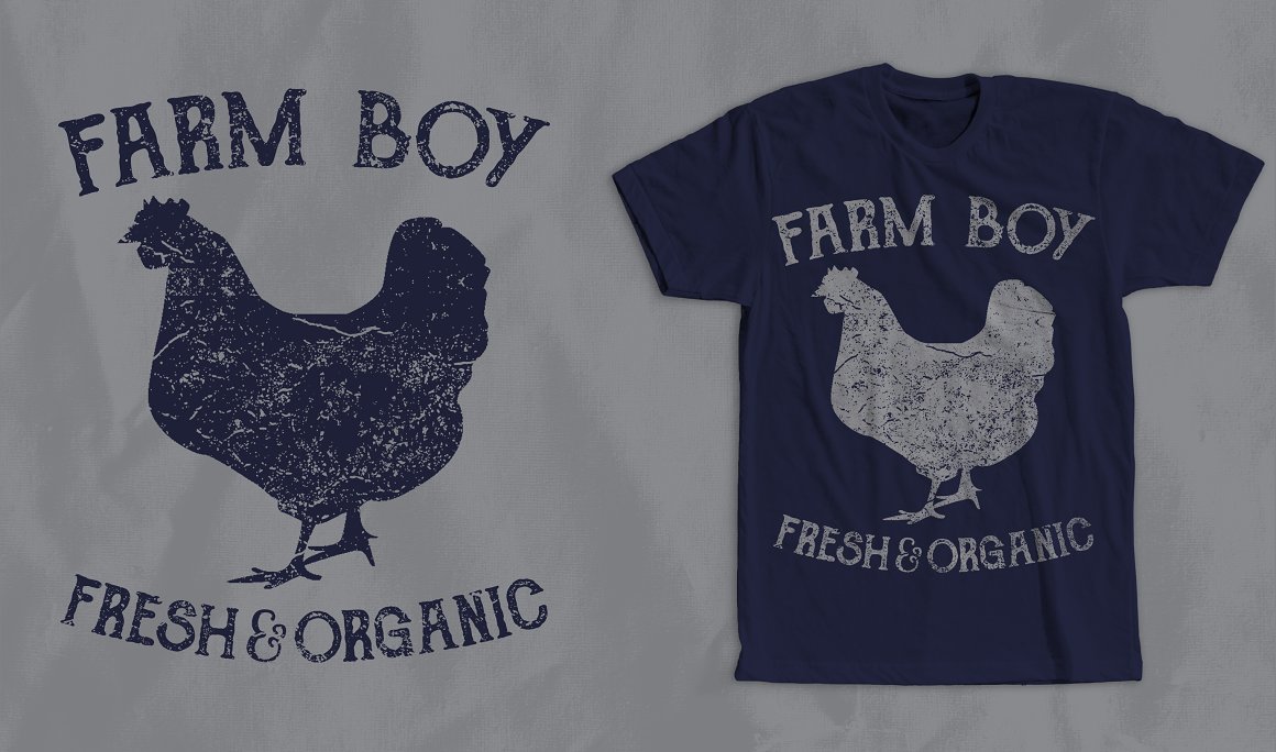 Blue T-shirt with irresistible chicken print and slogan "farm boy".