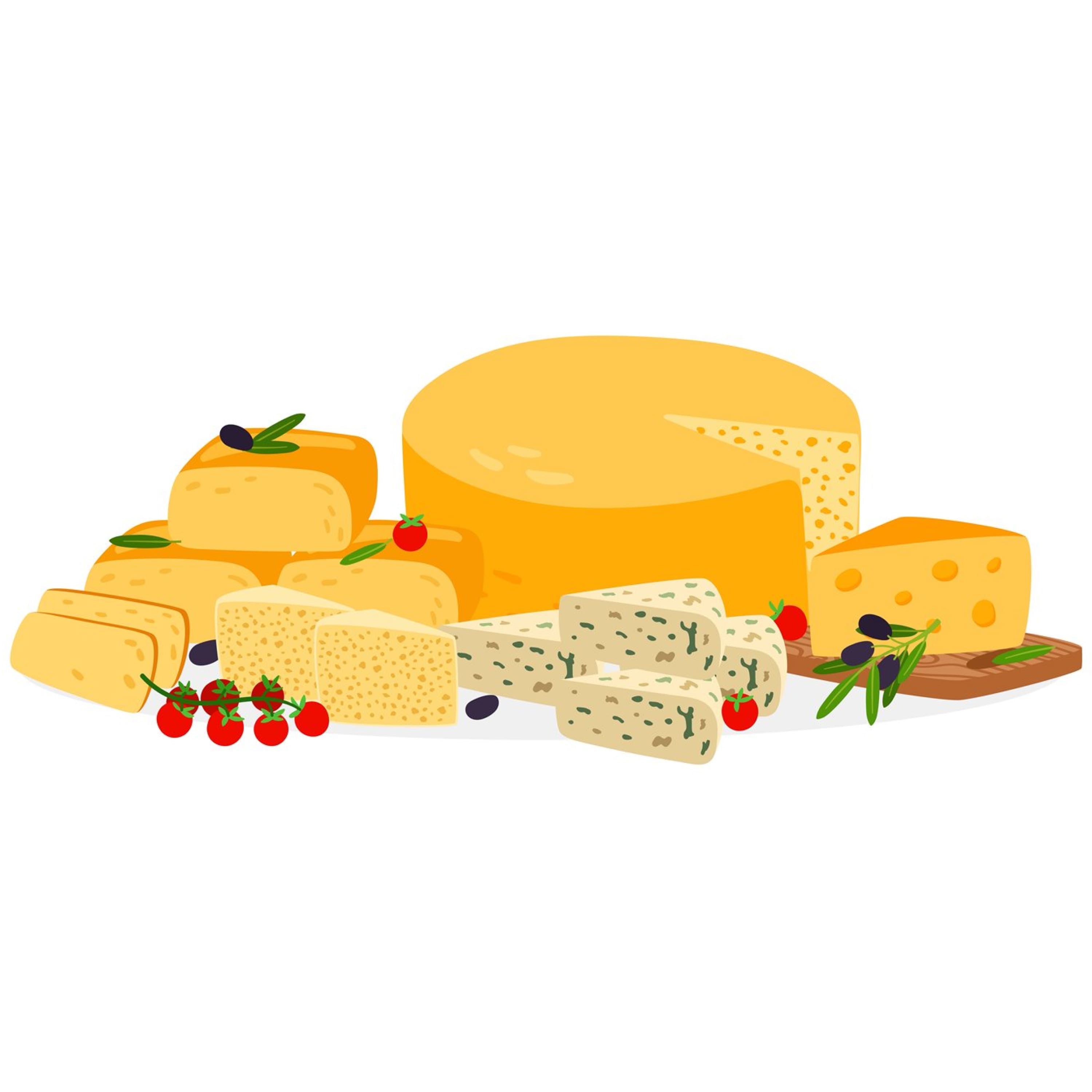 Collection of colorful images of farm cheeses.